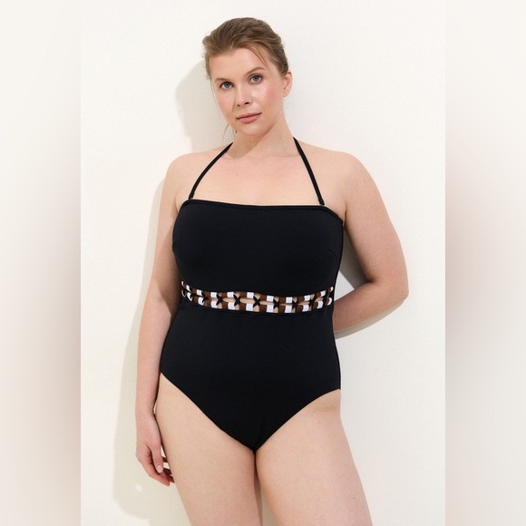 Seafolly $199 Sun Stripe Black Bandeau One Piece Swimsuit size 18 DD Cup NEW - Picture 1 of 16